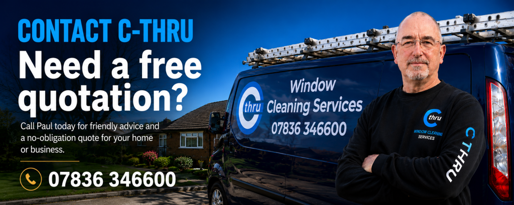 Paul from C-Thru Window Cleaning Services standing beside the company van offering free window cleaning quotations across Exeter and surrounding Devon areas.