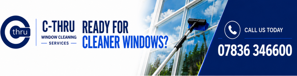 C-Thru Window Cleaning Services call-to-action banner promoting professional window cleaning in Exeter with contact telephone number.