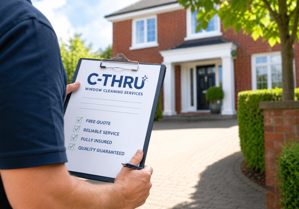 Friendly C-Thru representative providing a free window cleaning quotation at a home in Exeter.