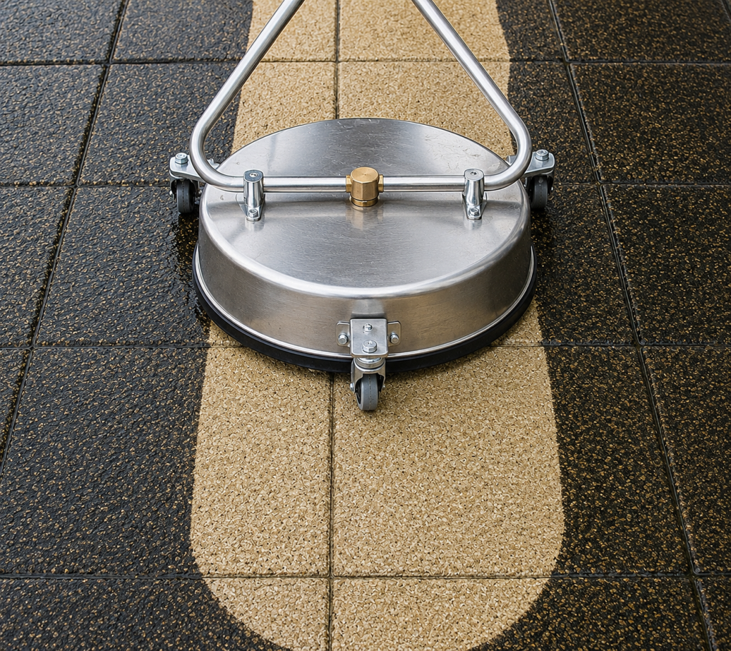 Professional pressure washing in Exeter cleaning patios, driveways and hard surfaces with a rotary surface cleaner.