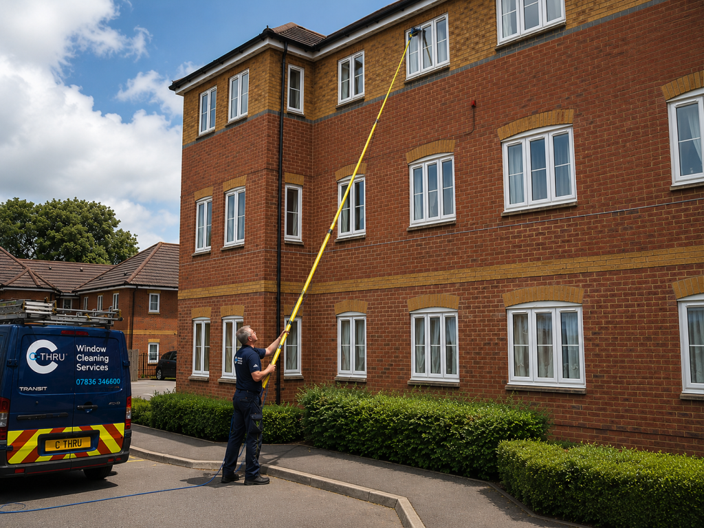 C-Thru Window Cleaning Services safely cleaning the upper windows of a three-storey apartment building in Exeter using a pure water pole system from ground level.